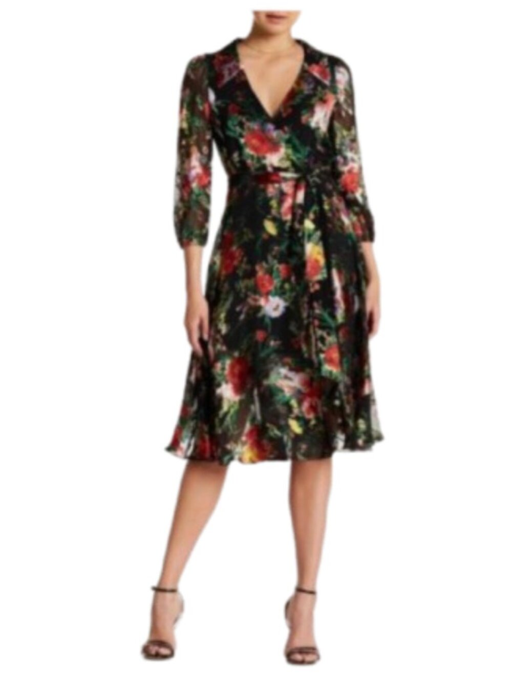 NWT Alice + Olivia Abney Wrap Midi Dress Womens 8 Black Red Floral V-Neck NEW - Picture 11 of 11